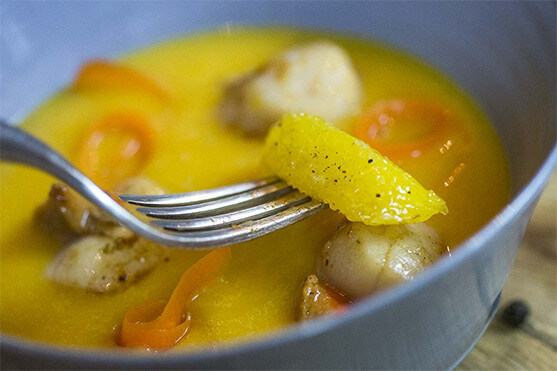 velouté potirons carottes, Saint Jacques pôélées recette par Créaline