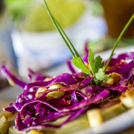 Une recette végétarienne avec la purée trio de légumes Créaline : crémeux de légumes verts au chou rouge