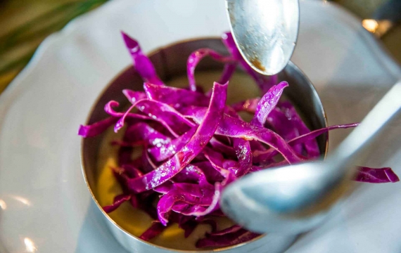 Créaline recette végétarienne : crémeux de légumes verts au chou rouge