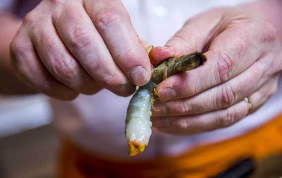 Créaline recette rafraichissante gaspacho crème à la ciboulette et gambas cuites au miel et graines de sésame